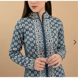 Classic Alpaca Womens S NWT Nordic Fair Isle Baby Alpaca Zip Cardigan Blue